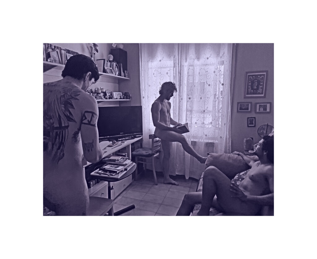 Three male figures sharing a quiet domestic scene, artwork by Aidan Muritz