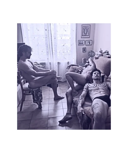 Three male figures in a domestic interior, artwork by Aidan Muritz
